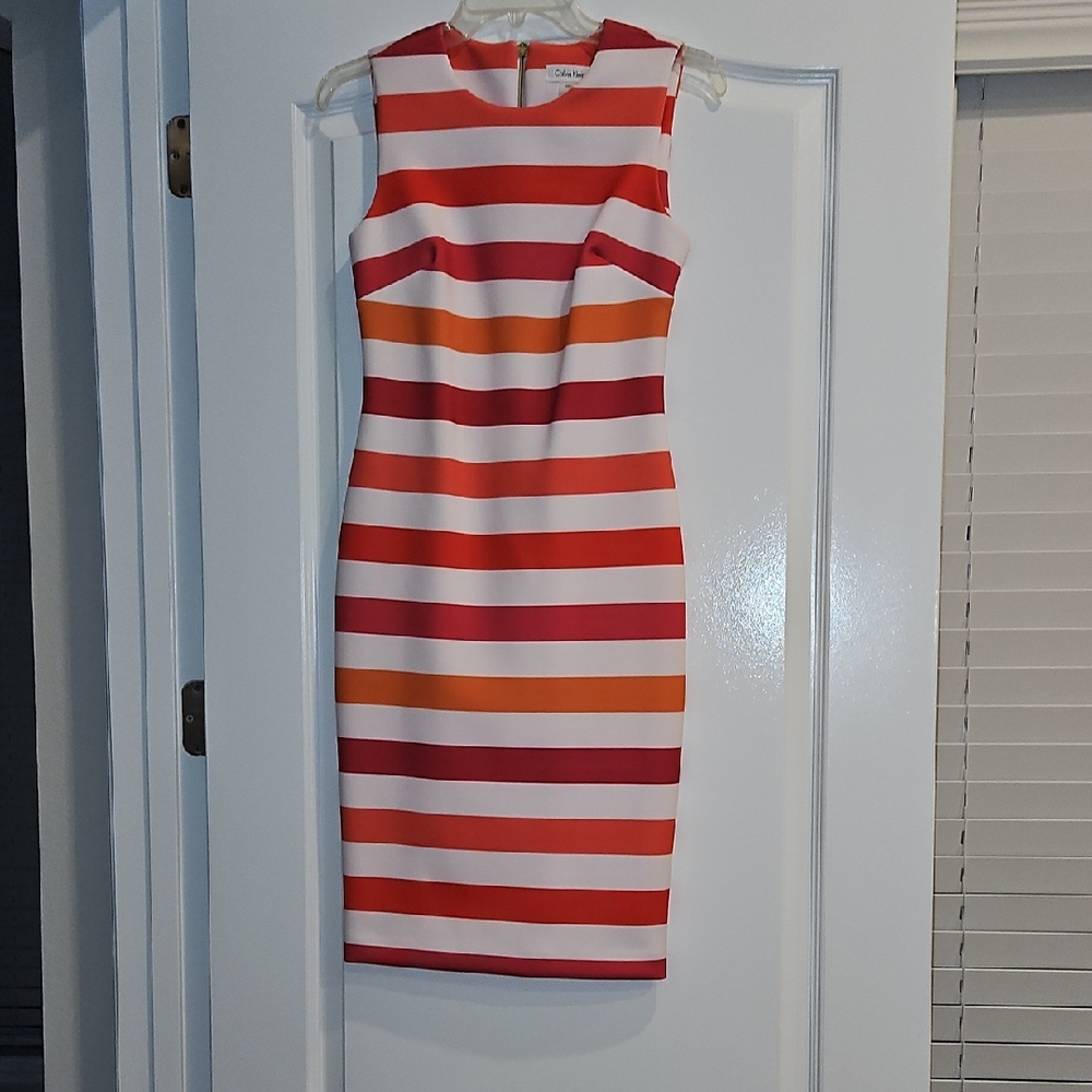 Calvin Klein Striped Sleeveless Dress - Tangerine/White/Pink/Orange In Colors